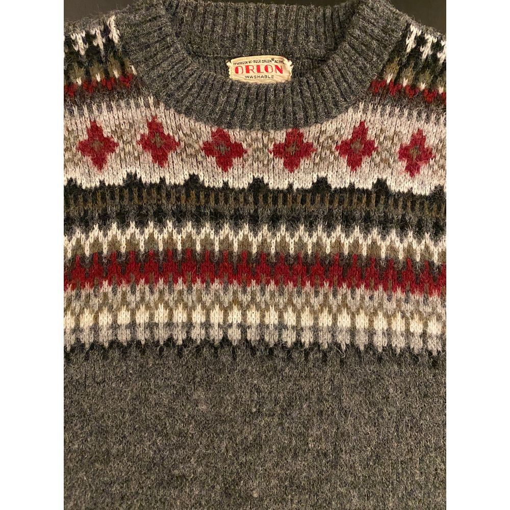 VTG Richman Brothers Orlon Acrylic Ski Sweater‎ Mens M Grey Fair Isle Pullover